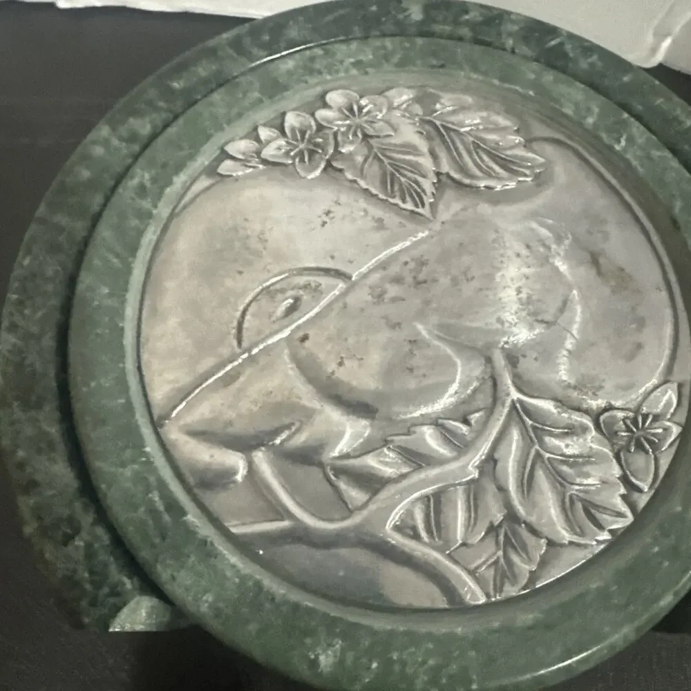 Vintage Green Marble Stone 4 Coaster Set Holder Metal Bird Design Felt Backed